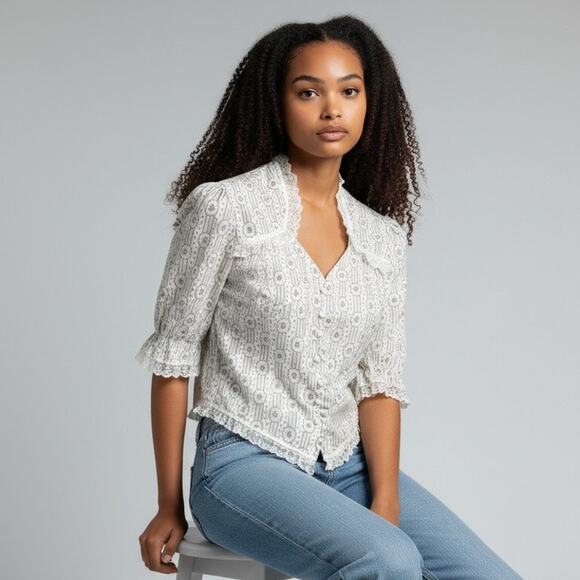 Vintage Sun n Fun Cottagecore Prairie Short Sleeve Floral Print Lace Size Large - Picture 3 of 8